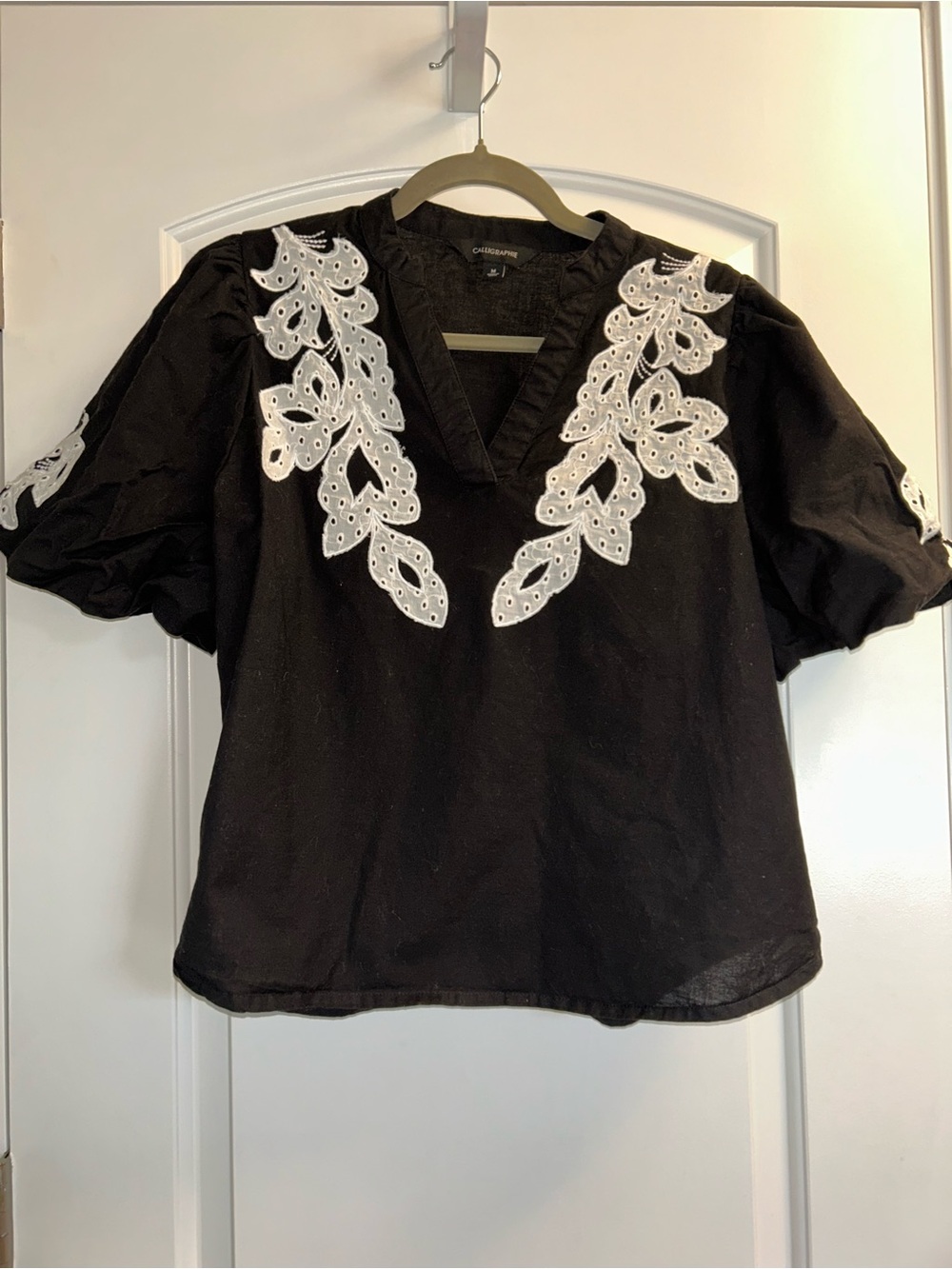 Calligraphie Black Puff Sleeve Linen Top with White Eyelet Embroidery